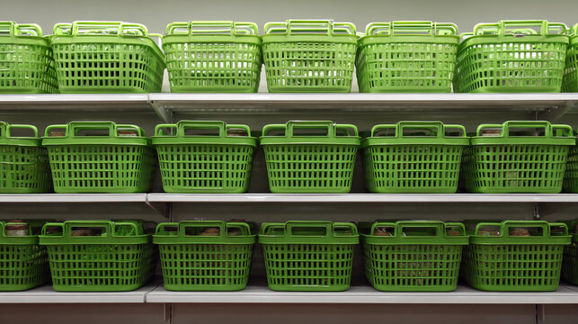 Stacking green shopping baskets, minimalistic store display