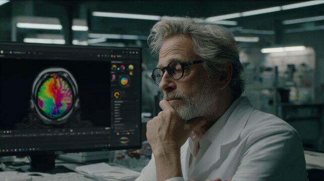 Thoughtful older scientist in white lab coat and glasses analyzing colorful brain scan on computer monitor in dimly lit laboratory with shelves and equipment.