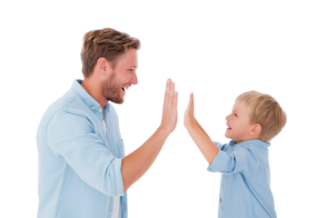 heartwarming moment of father and son giving each other high five  isolated on white background