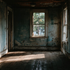 Decayed abandoned house interior with peeling paint and damaged walls