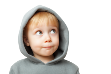  curious toddler in gray hoodie  isolated on white background