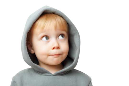  curious toddler in gray hoodie  isolated on white background