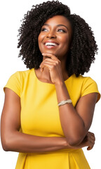 Smiling African American woman with curly hair touching her chin and looking upwards transparent background