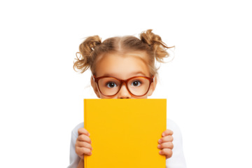 curious child with glasses holding book   isolated on white background
