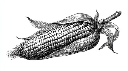 Detailed line drawing of an ear of corn