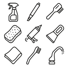 Backsplash Cleaning Icons. Outline style icons of Backsplash & Tile Splash Zone: tile cleaner spray, grout pen, small brush,
