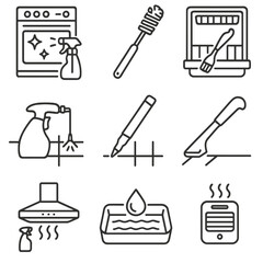 Obraz premium Seasonal Kitchen Cleaning Tools. Outline style icons of Seasonal Deep Kitchen Clean: oven door cleaner, refrigerator coil brush,