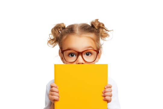 curious child with glasses holding book   isolated on white background