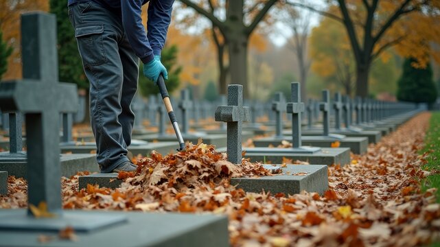 Male groundskeeper clearing autumn leaves in cemetery with cross tombstones