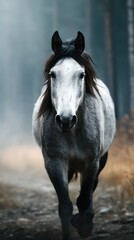 Majestic gray horse wanders through misty forest path during early morning hours in tranquil wilderness