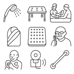 Elderly Care Icons. Outline style icons of Elderly Hygiene Support: hand-held shower icon, bath bench, hygiene helper icon, grab