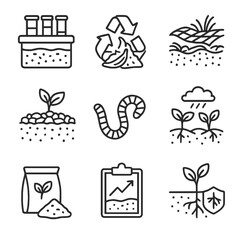 Soil Protection Icons. Outline style icons of Soil Protection: soil test kit, composting symbol, erosion control mat, mulching