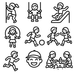 Active Kids Icons. Outline style icons of Active Kids: child climbing, child swinging, kid on slide, child jumping rope, kid