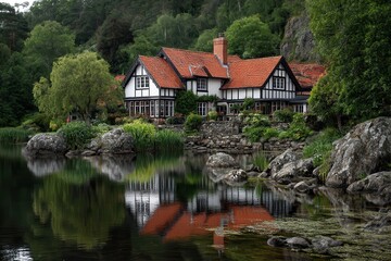 Obraz premium A charming house by a calm lake with a red tile roof, white walls, and dark timber framing, reflecting in the water. Lush greenery and rocks surround