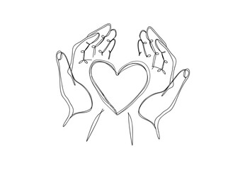 Two hands carefully holding heart symbol, one continuous line drawing. World Heart Day. Compassion,  empathy, emotional support, abstract healthcare concept. 