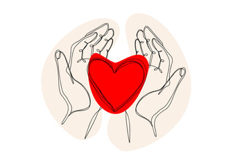 Two hands carefully holding heart symbol, one continuous line drawing, color spots. World Heart Day. Compassion, empathy, emotional support, abstract healthcare concept