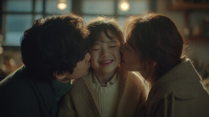 A loving moment between parents and their smiling child in a cozy home setting, expressing warmth and tenderness.