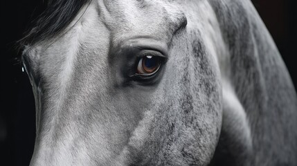 Close-up of a gray horse's face showing detailed features and expressive eye