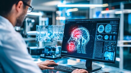Focused scientist in white lab coat analyzing high-tech medical brain imagery on computer screen in modern laboratory with cool blue tones.