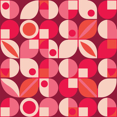 Contemporary seamless pattern with simple geometric shapes in pink and red colors. Stylish abstract background in Scandinavian style for print, design, fabric. Vector illustration