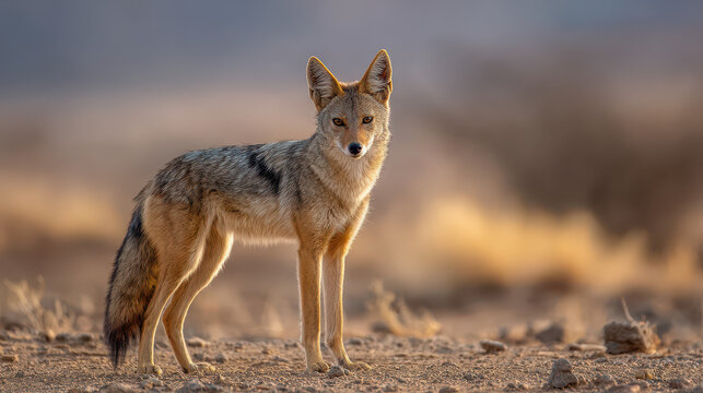 Alert jackal standing in a desert setting