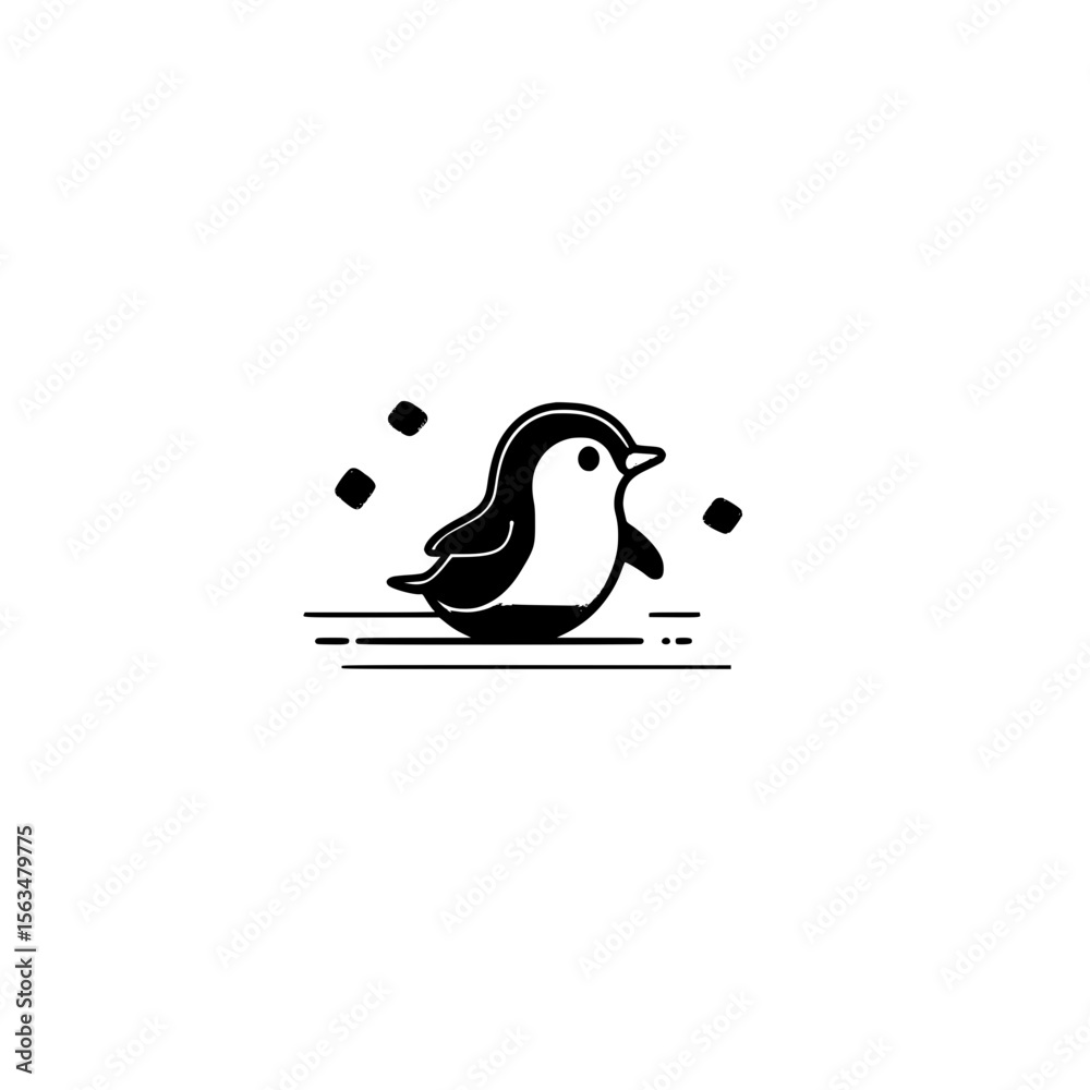 Poster vector icon of penguin in fast running pose with speed lines for bird and arctic wildlife design