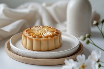 Traditional Chinese mooncake with delicate floral embossing on a white plate. Baked goods for celebrating the Mid-Autumn Festival in China or for fine dining presentations.