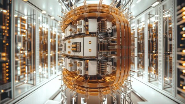 Futuristic Quantum Computer Core in High-Tech Data Center