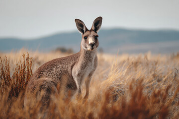 Fototapeta premium Kangaroo in Dry Bushland with Wide Sky and Hills