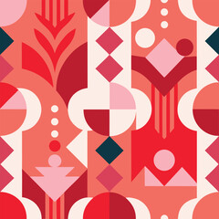Contemporary seamless pattern with simple geometric shapes in pink and red colors. Stylish abstract background in Scandinavian style for print, design, fabric. Vector illustration