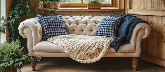 Cozy tufted sofa with knitted throw and pillows near window.