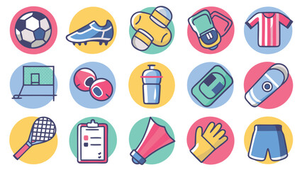 Illustration of various sports equipment items on colorful circular backgrounds design is present