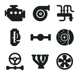 Automotive Powertrain Icons. Solid, filled icons set of automotive powertrain: engine block, turbocharger,