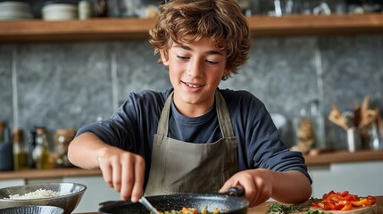 A cheerful young boy wearing an apron cooks enthusiastically in a modern kitchen with fresh ingredients around him.