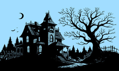 Halloween Haunted House Silhouette Illustration