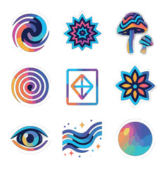Psychedelic Icon Collection. Solid, filled icons set of psychedelic and trippy designs: swirling patterns,