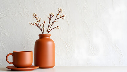 Terracotta vase with white berries and matching cup on saucer against textured wall