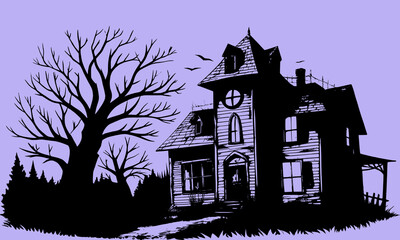Halloween Haunted House Silhouette Illustration