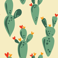 Seamless pattern with cactus blossoming with orange and red hearts on yellow background, cute illustration could be used as wallpaper, print, card, paper, fabric, texture