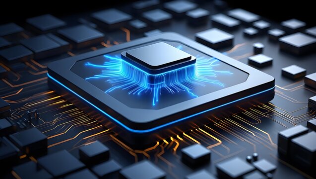 Futuristic CPU Microchip:  High-Tech Circuit Board,  Glowing Blue Energy, Abstract Technology Concept.