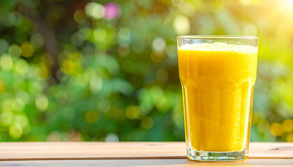 Yellow healthy smoothie drink in glass. Natural fruit beverage. Detox cocktail. Fresh and tasty.