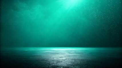 Mysterious deep teal ocean surface with sparkling light rays and shimmering particles creating a magical underwater atmosphere