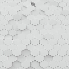 Naklejka premium Abstract geometric pattern of white hexagons in a 3D design. Seamless tiled structure with a slightly uneven, layered appearance.