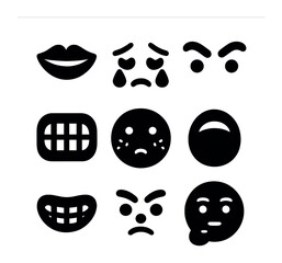 Fototapeta premium Expressive Icon Grid. Solid, filled icons set of expressive features: smiling lips, teary eyes, raised