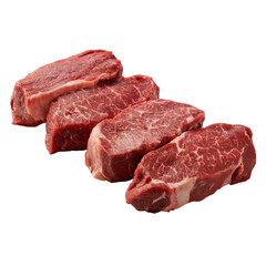 Fototapeta premium Four raw marbled beef steaks arranged diagonally isolated on transparent background