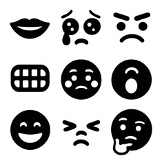 Fototapeta premium Expressive Icon Grid. Solid, filled icons set of expressive features: smiling lips, teary eyes, raised