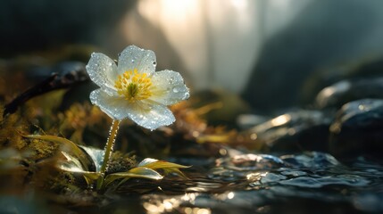A beautiful white flower with a yellow center is growing in the middle of an enchanted mountain stream