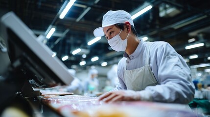 Worker in protective gear examines products on a busy factory production line, ensuring high safety and hygiene standards.