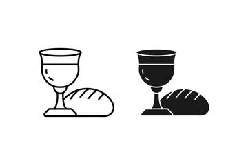 Bread and Wine Communion Icon Christian Eucharist Symbol of Holy Sacrament Faith and Worship Line Art Black Outline Minimalist Style Isolated on White Background Religious Ceremony Illustration