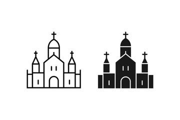 Christian Cathedral Icon Large Religious Church Building with Towers and Crosses Line Art Black Outline Isolated on White Background Architecture of Worship Faith and Christianity Symbol Illustration